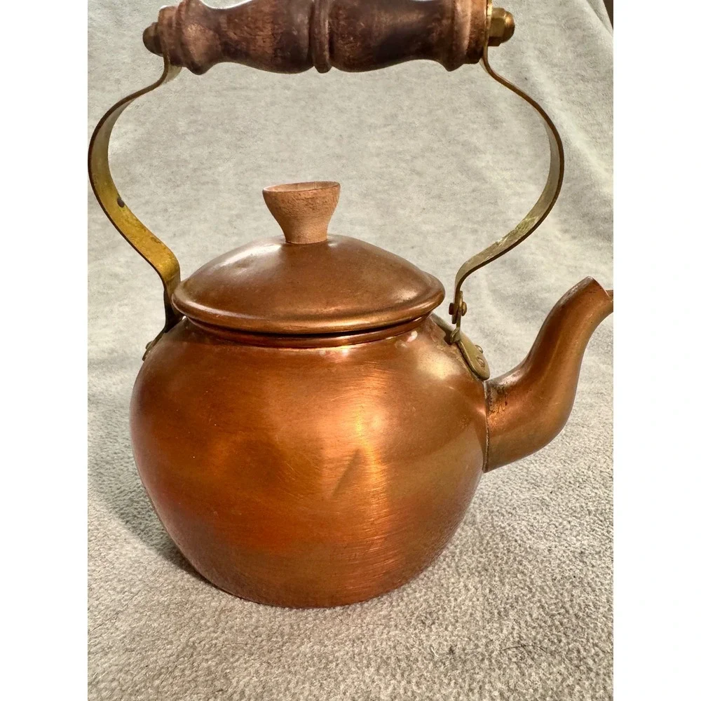 Vintage Copper Tea Kettle Brass Handle Wood Grip Stovetop Decorative Teapot